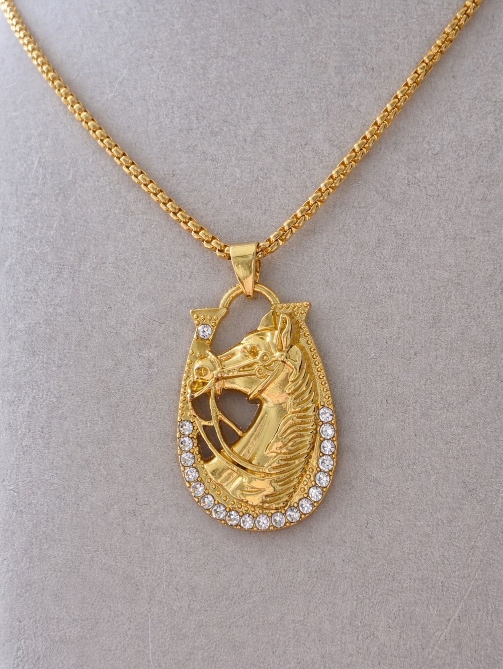 Gold Horse Pendant Necklace | Equestrian Luxe | Rhinestone Horseshoe Charm